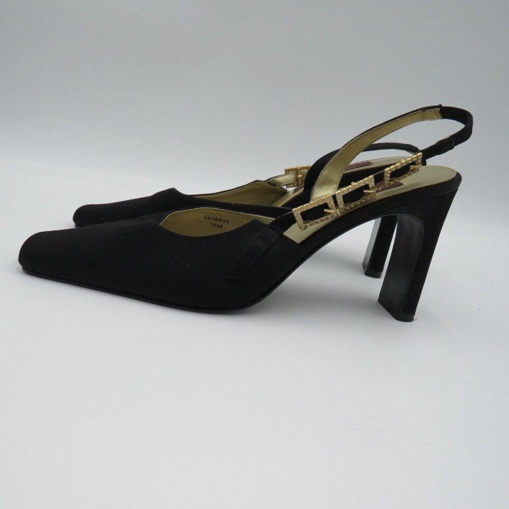 Stefani‎ Couture Shoes Womens 7 1/2 M Sling Back Black Rhinestone Gold Tone